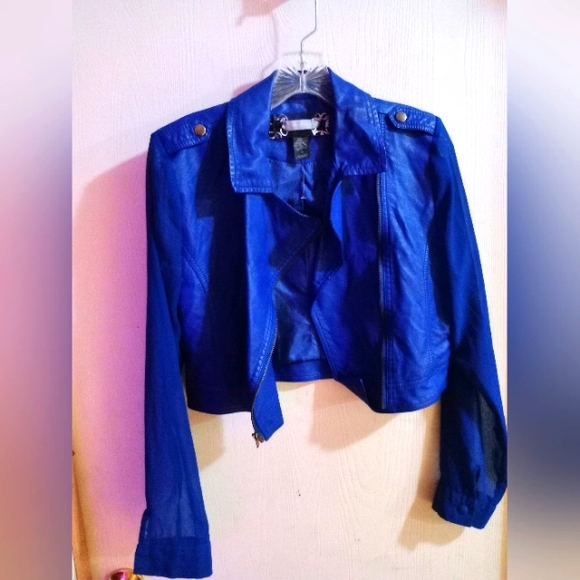 Cropped MOTO Style Jacket w Sheer Sleeves sz. M Blue‎ Faux Leather - Picture 2 of 15